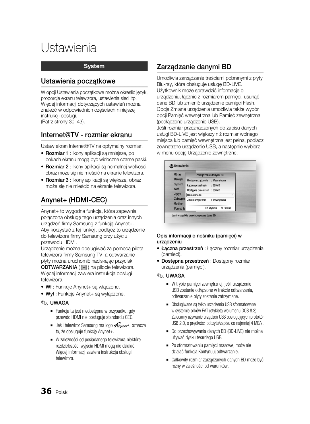 Samsung BD-C6600/XEN, BD-C6600/EDC, BD-C6600/XEE Ustawienia początkowe, Internet@TV rozmiar ekranu, Zarządzanie danymi BD 