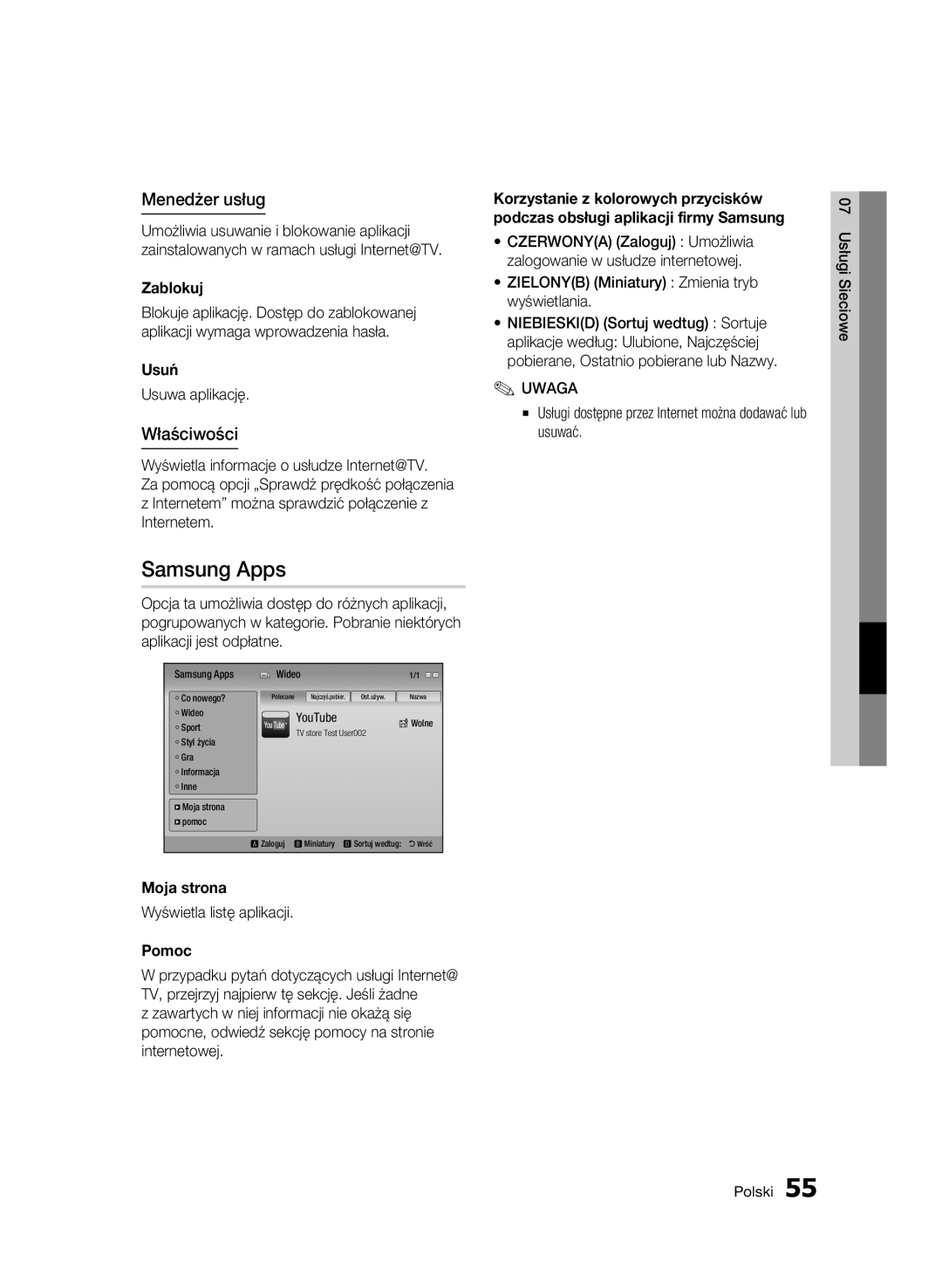 Samsung BD-C6600/XEE, BD-C6600/EDC, BD-C6600/XEN manual Menedżer usług, Właściwości 