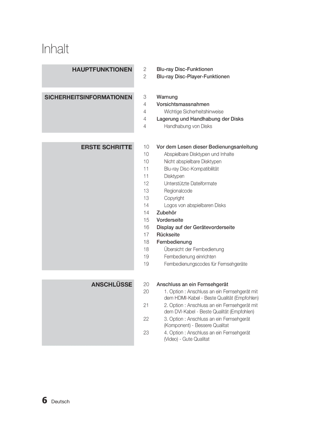 Samsung BD-C6600/EDC, BD-C6600/XEN manual Inhalt, Hauptfunktionen, Sicherheitsinformationen, Erste Schritte, Anschlüsse 