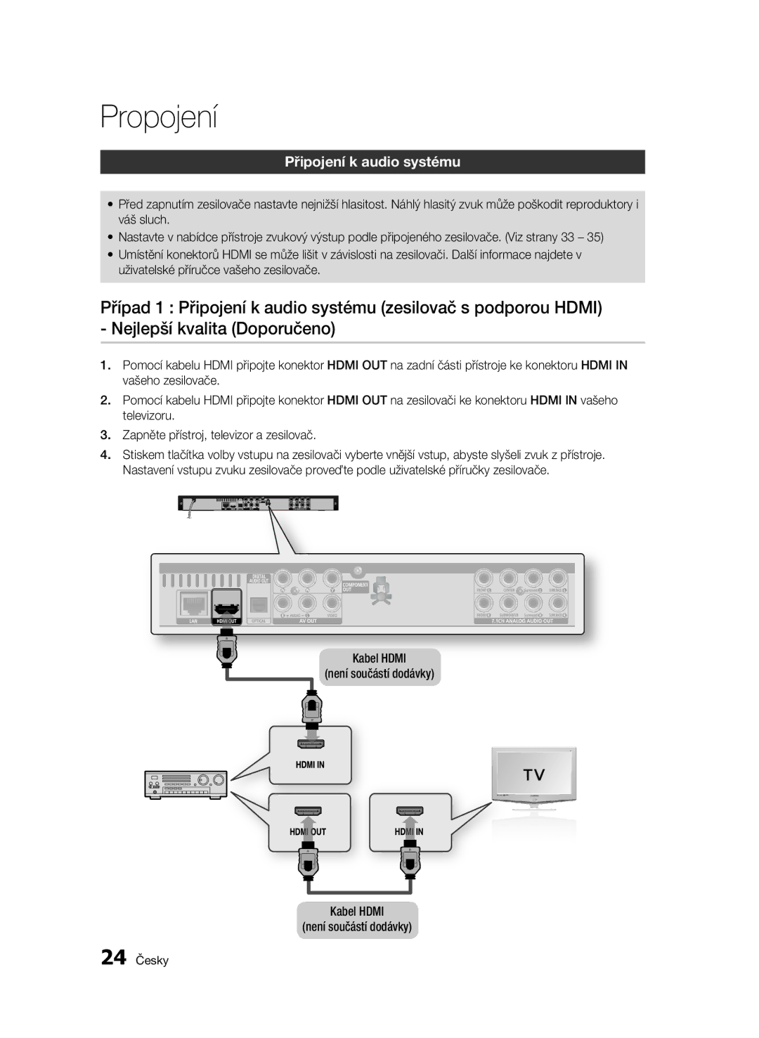 Samsung BD-C6600/XEN, BD-C6600/EDC, BD-C6600/XEE manual Připojení k audio systému, 24 Česky 