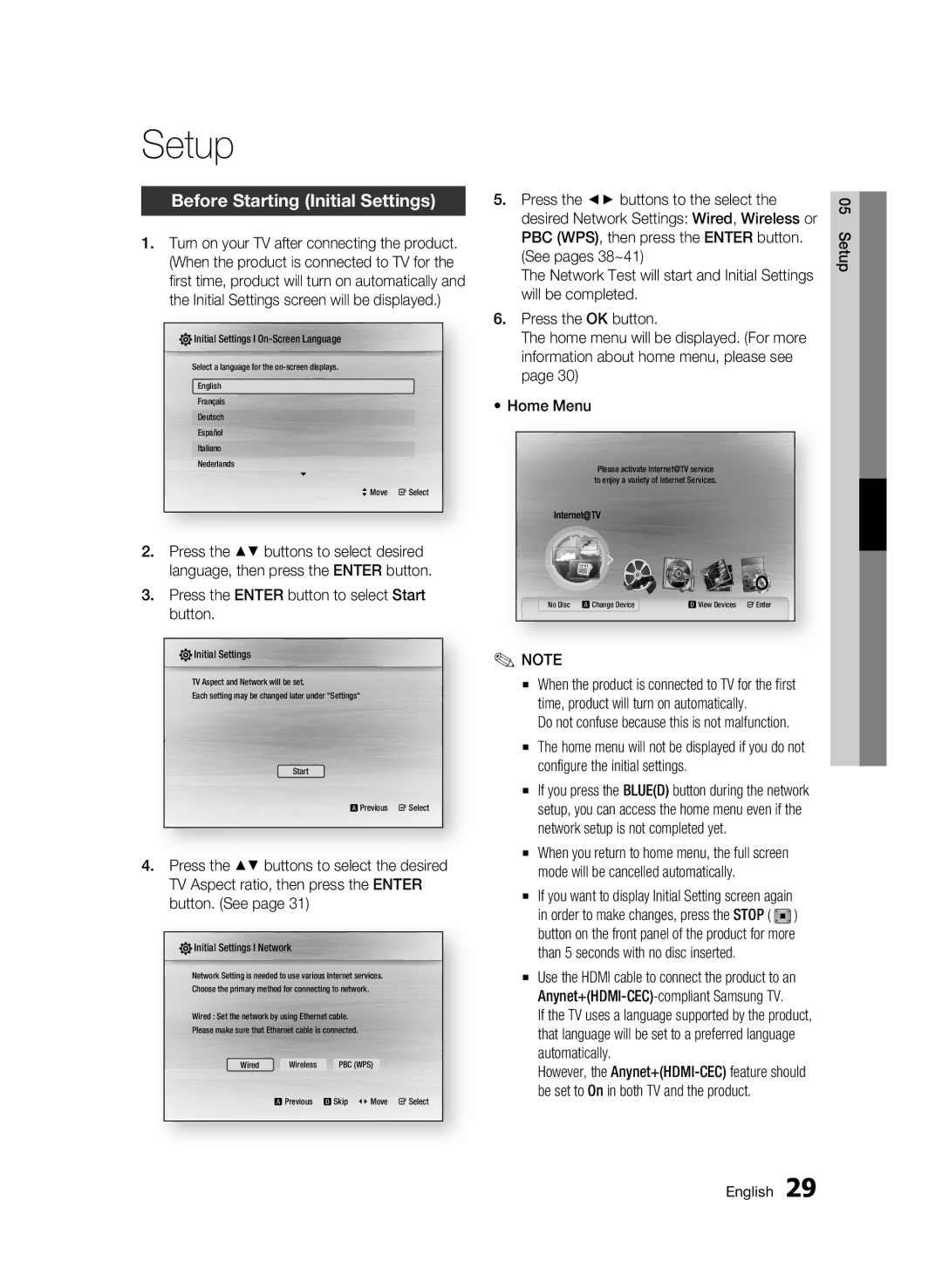 Samsung BD-C6600/XEE, BD-C6600/EDC Setup, Before Starting Initial Settings, Press the Enter button to select Start button 