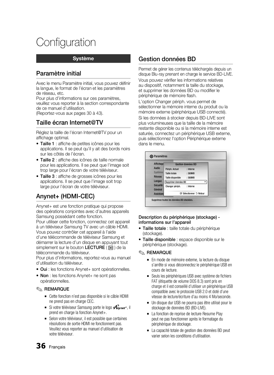 Samsung BD-C6600/XEN manual Paramètre initial, Taille écran Internet@TV, Anynet+ HDMI-CEC, Gestion données BD, Système 