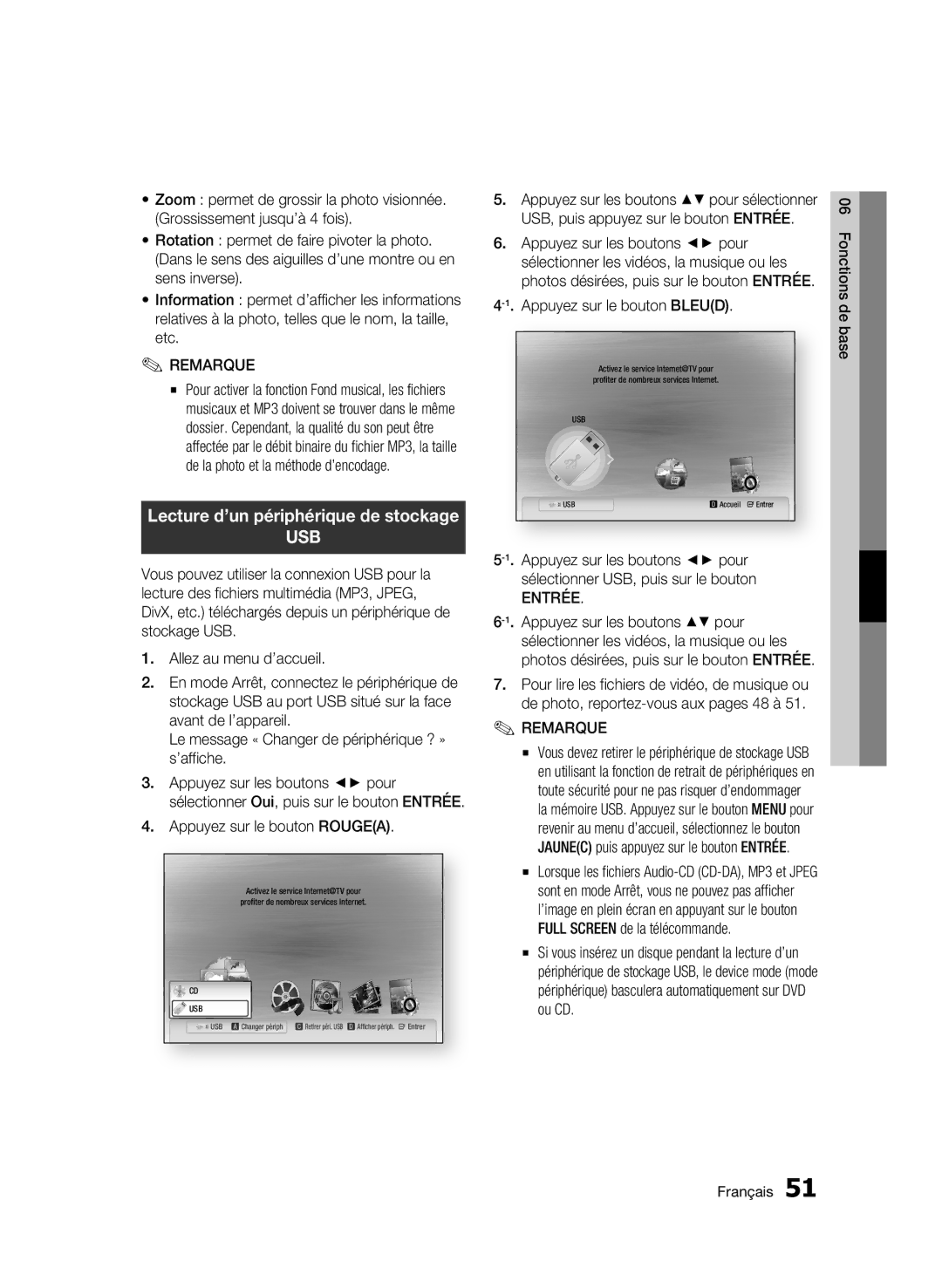 Samsung BD-C6600/XEN Lecture d’un périphérique de stockage, Appuyez sur le bouton Rougea, Appuyez sur le bouton Bleud 