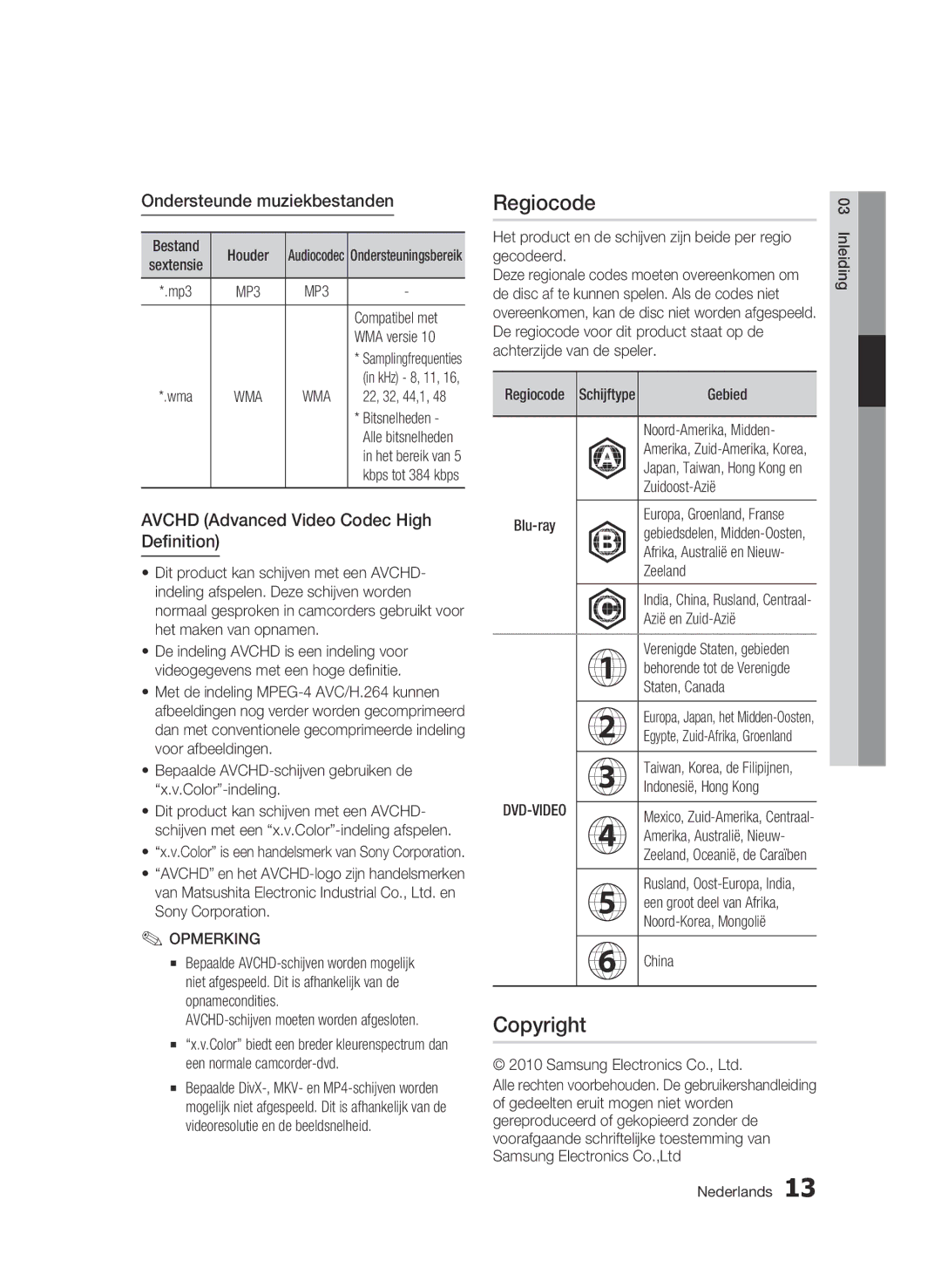 Samsung BD-C6600/XEN, BD-C6600/EDC, BD-C6600/XEE manual Regiocode, Ondersteunde muziekbestanden 