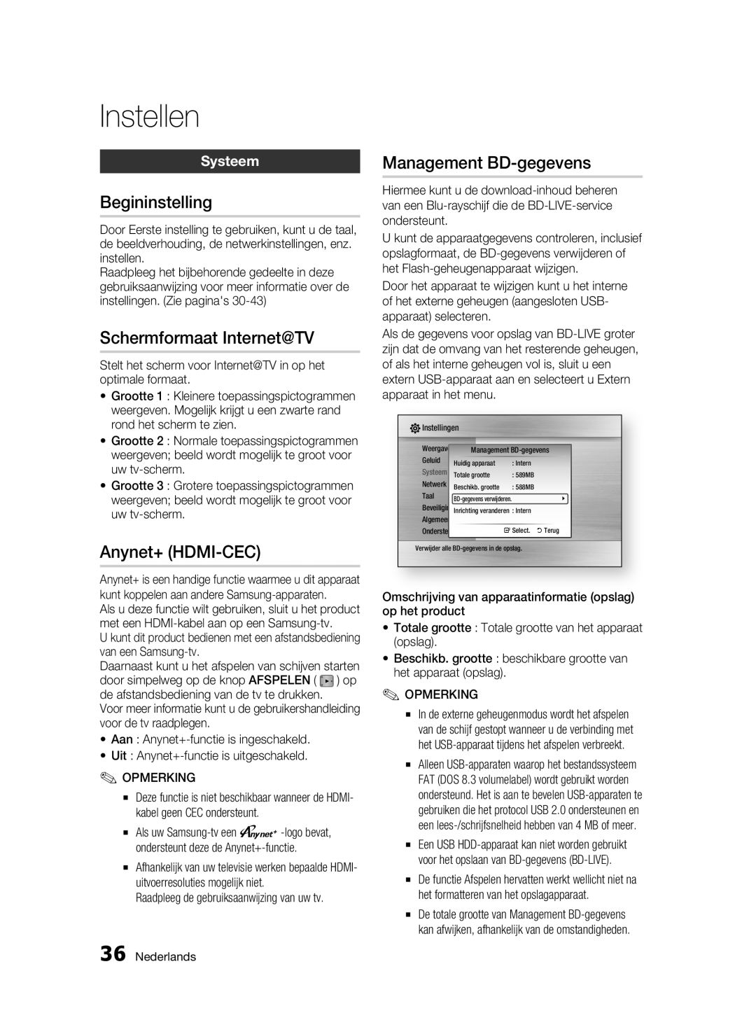 Samsung BD-C6600/EDC manual Begininstelling, Schermformaat Internet@TV, Management BD-gegevens, Systeem, Uw tv-scherm 