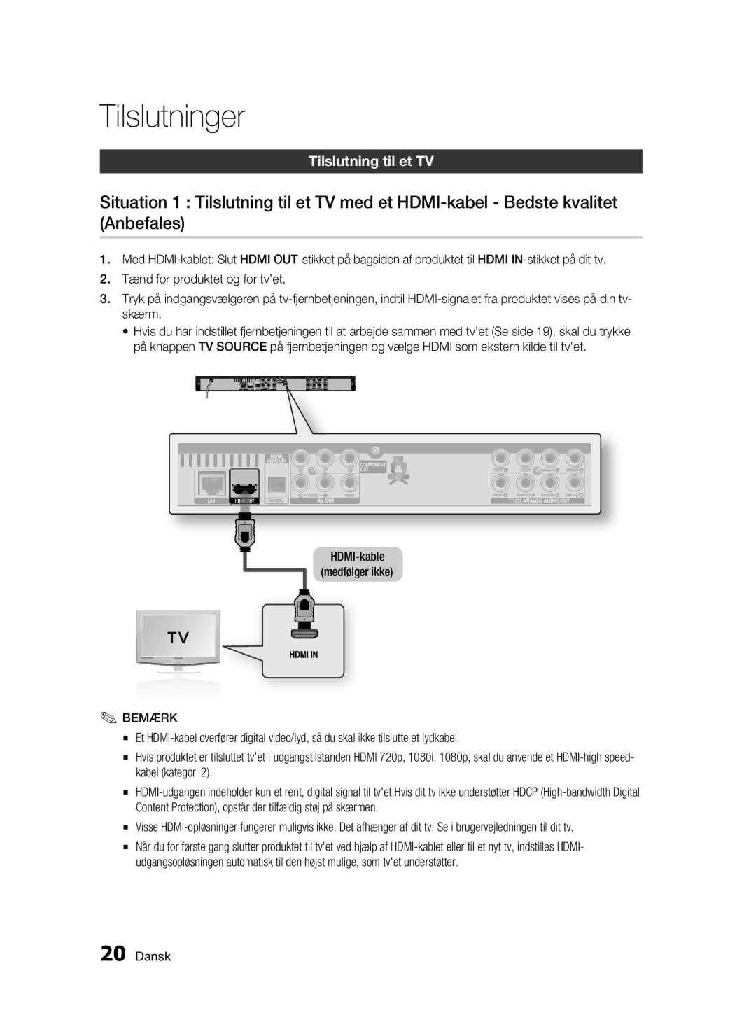 Samsung BD-C6600/XEE manual Tilslutninger, Tilslutning til et TV 