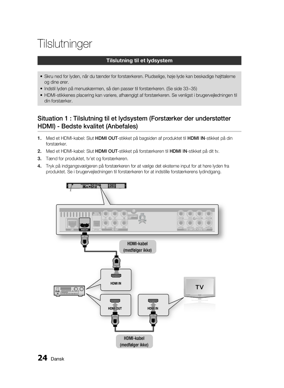 Samsung BD-C6600/XEE manual Tilslutning til et lydsystem, HDMI-kabel Medfølger ikke Dansk 