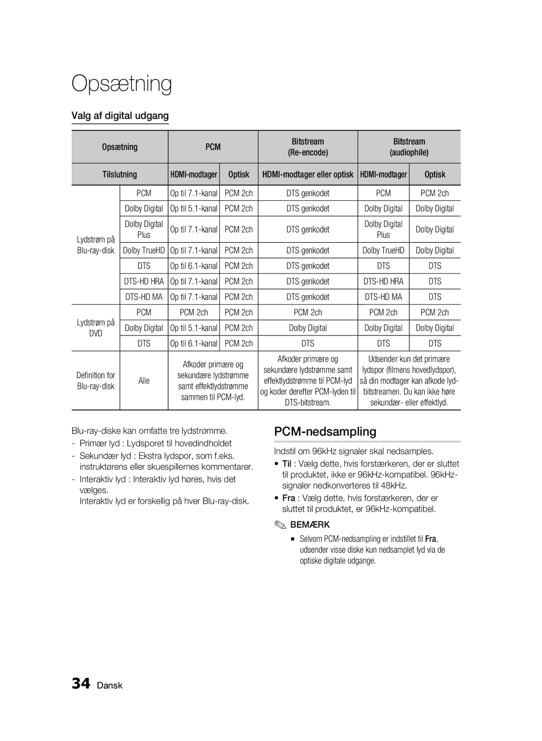 Samsung BD-C6600/XEE manual PCM-nedsampling, Valg af digital udgang, Bitstream, Tilslutning 