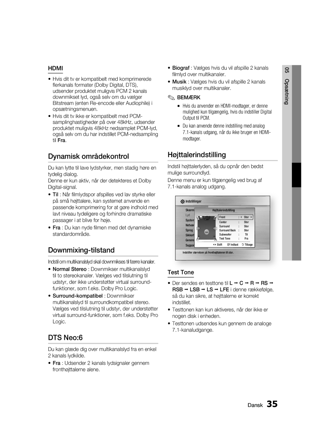 Samsung BD-C6600/XEE manual Dynamisk områdekontrol, Downmixing-tilstand, DTS Neo6, Højttalerindstilling, Test Tone 