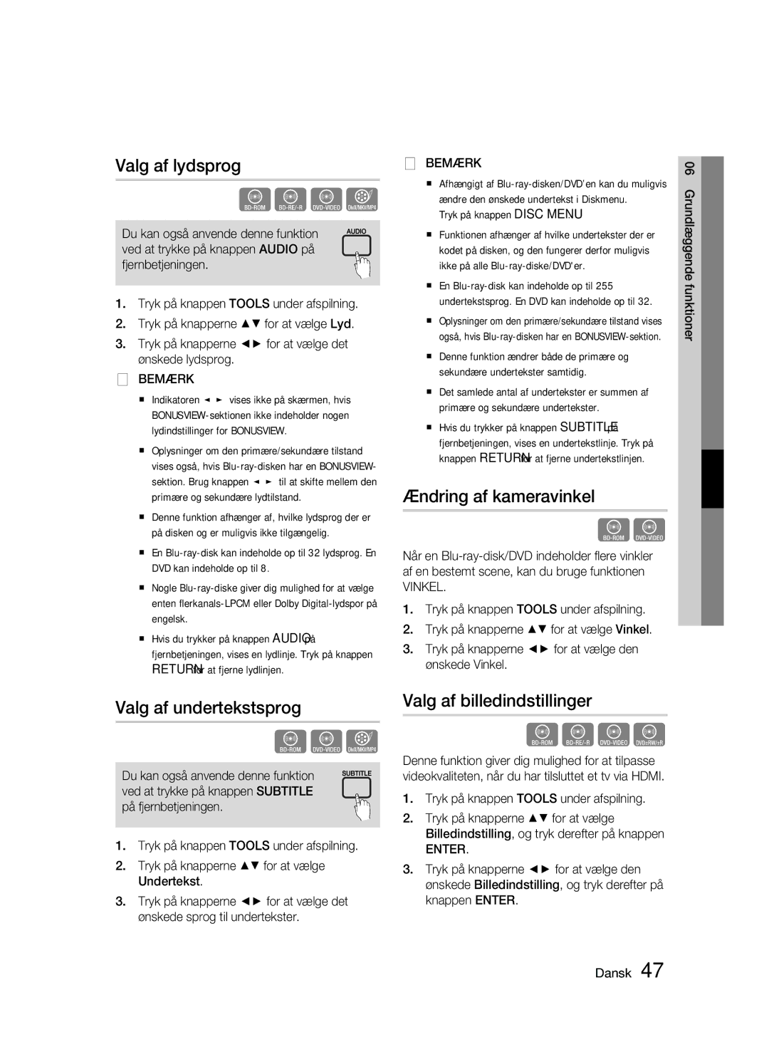 Samsung BD-C6600/XEE manual Valg af lydsprog, Valg af undertekstsprog, Ændring af kameravinkel, Valg af billedindstillinger 