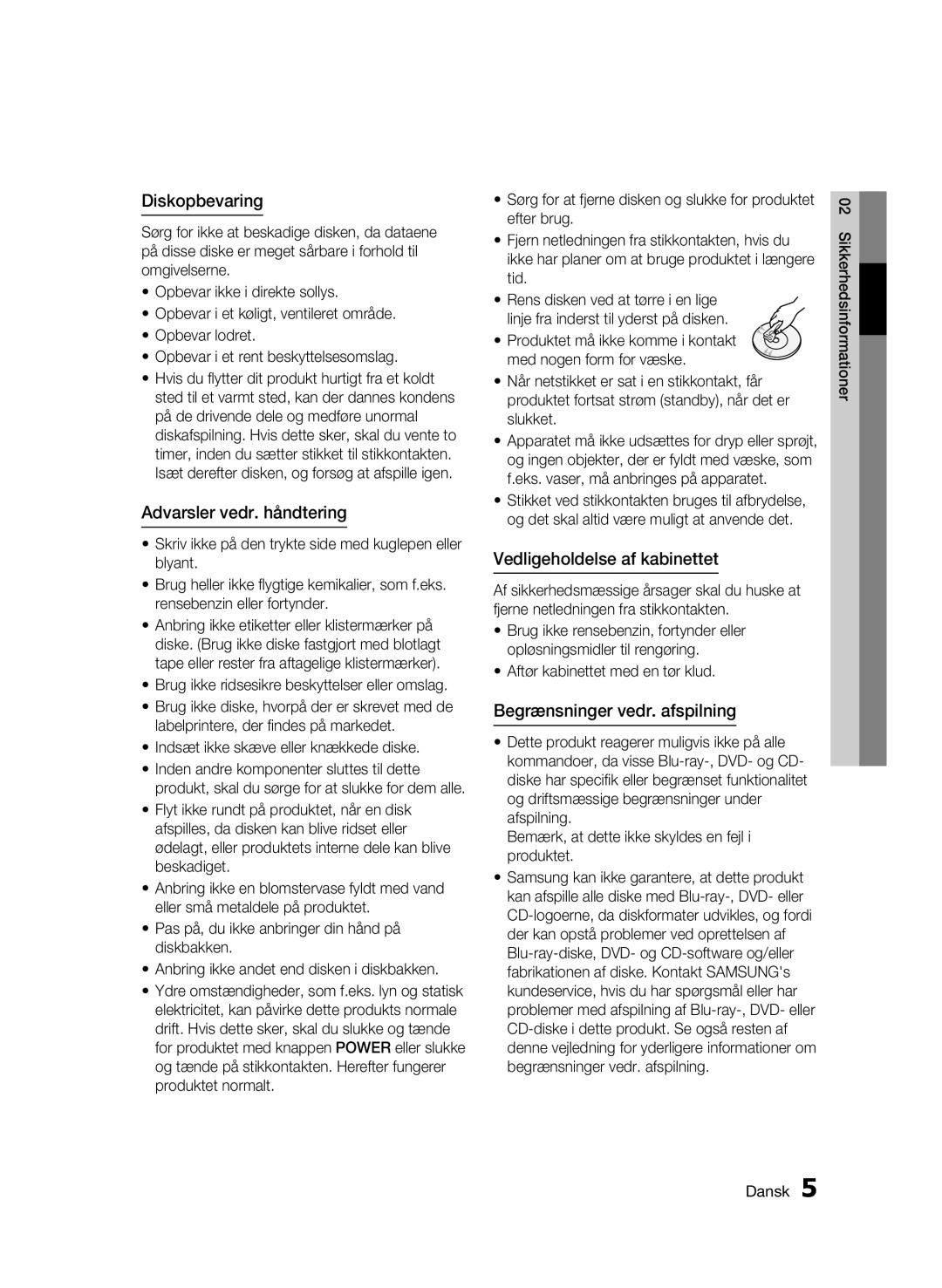 Samsung BD-C6600/XEE manual Diskopbevaring, Advarsler vedr. håndtering, Vedligeholdelse af kabinettet 