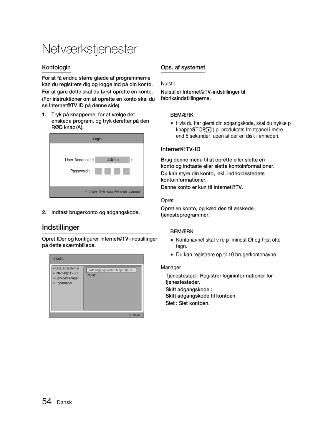 Samsung BD-C6600/XEE manual Indstillinger, Kontologin, Ops. af systemet, Internet@TV-ID 