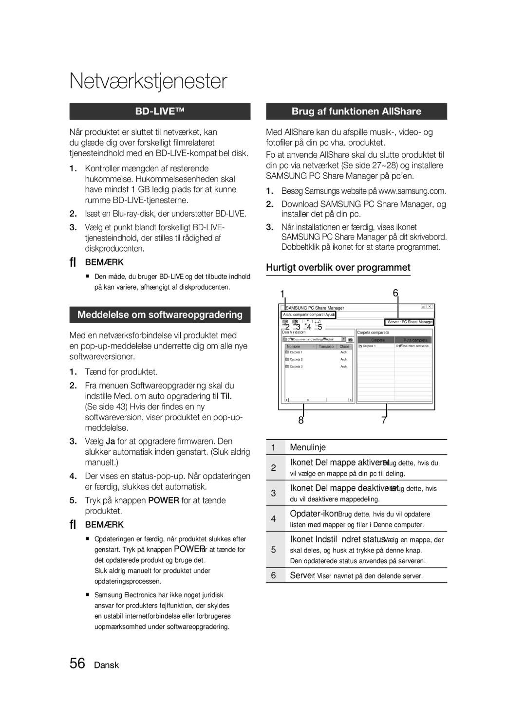 Samsung BD-C6600/XEE Meddelelse om softwareopgradering, Brug af funktionen AllShare, Hurtigt overblik over programmet 