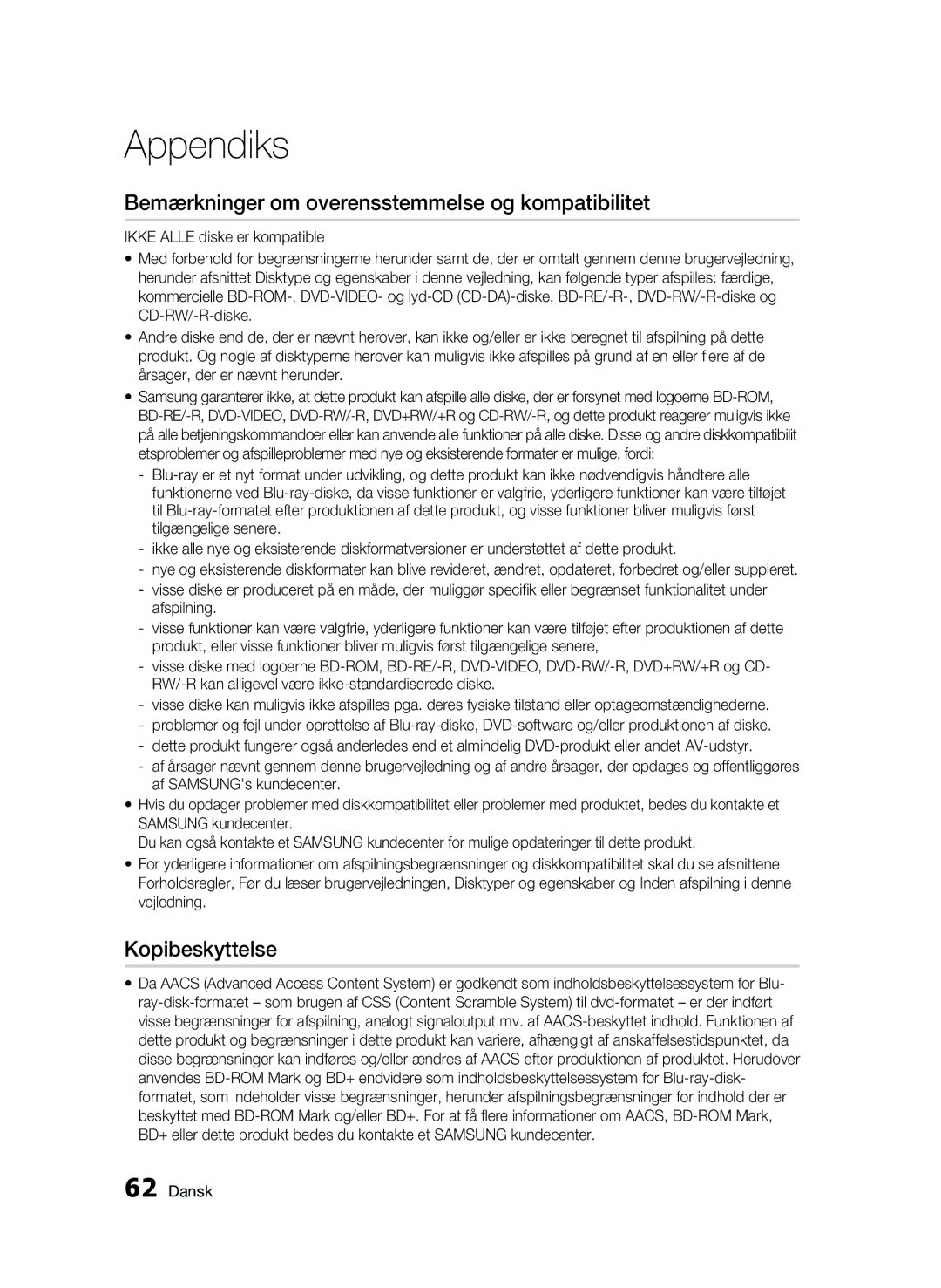 Samsung BD-C6600/XEE manual Bemærkninger om overensstemmelse og kompatibilitet, Kopibeskyttelse 