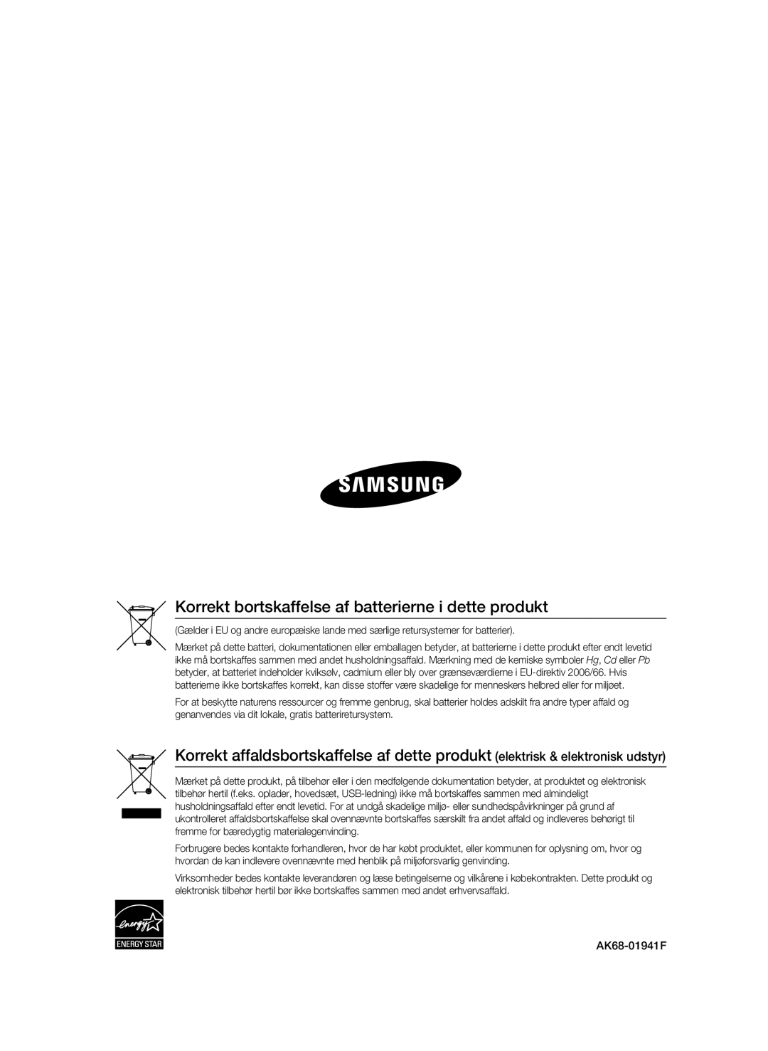 Samsung BD-C6600/XEE manual Korrekt bortskaffelse af batterierne i dette produkt 