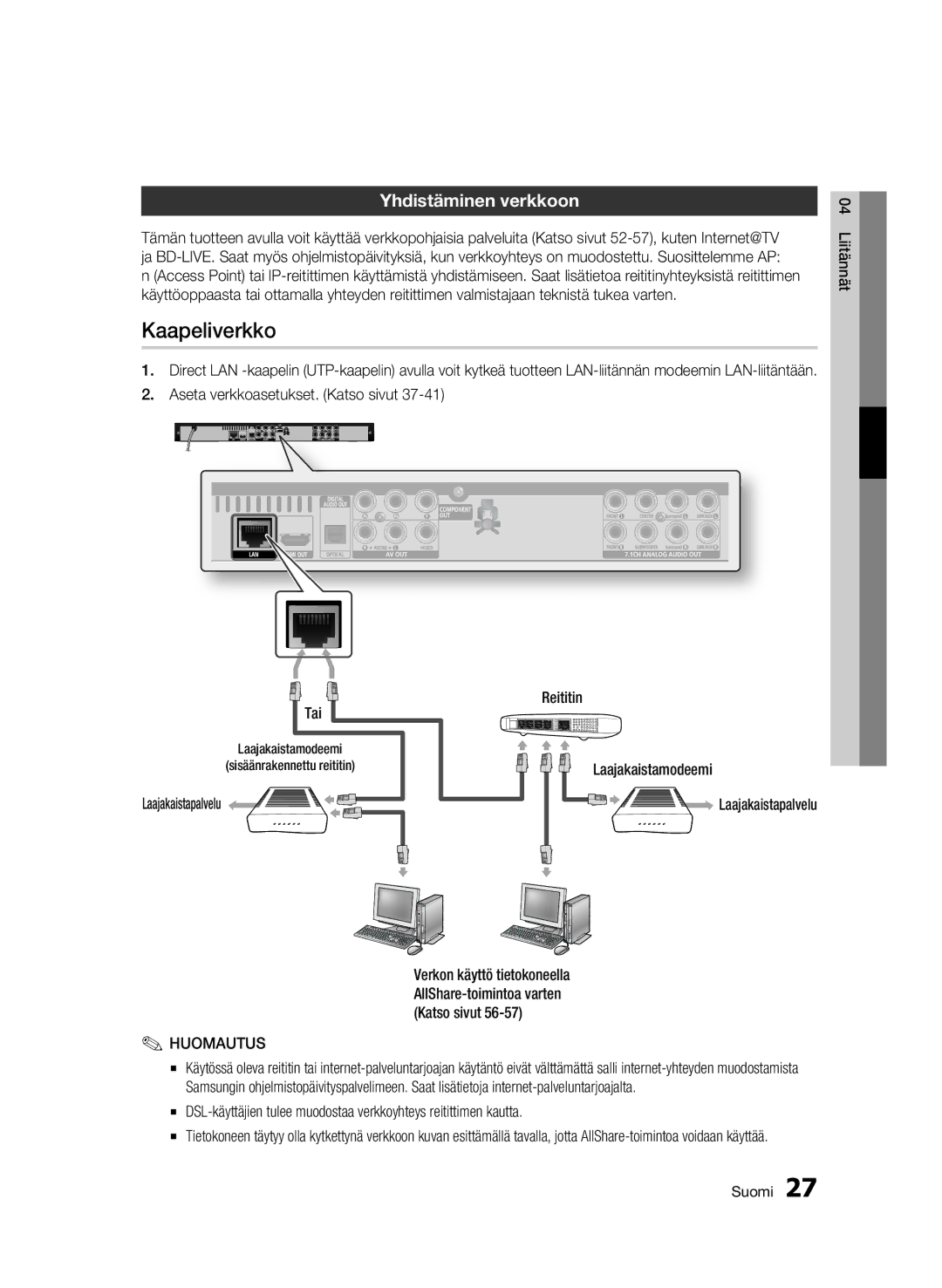 Samsung BD-C6600/XEE manual Kaapeliverkko, Yhdistäminen verkkoon 