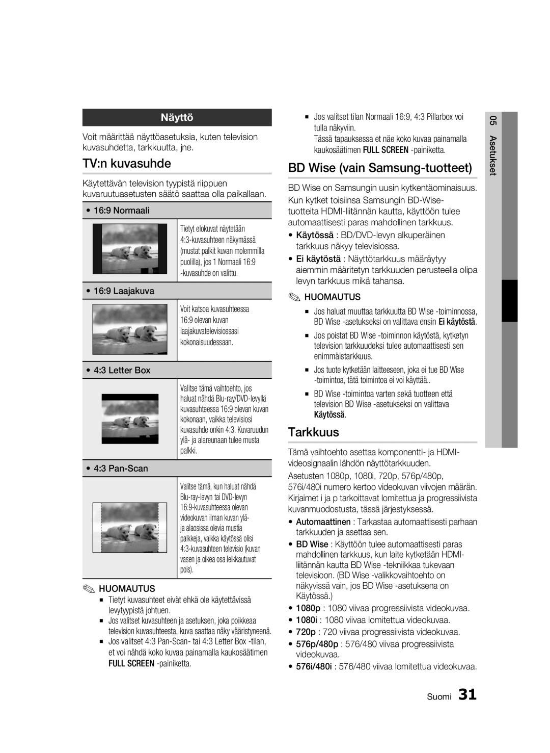 Samsung BD-C6600/XEE manual TVn kuvasuhde, BD Wise vain Samsung-tuotteet, Tarkkuus, Näyttö 