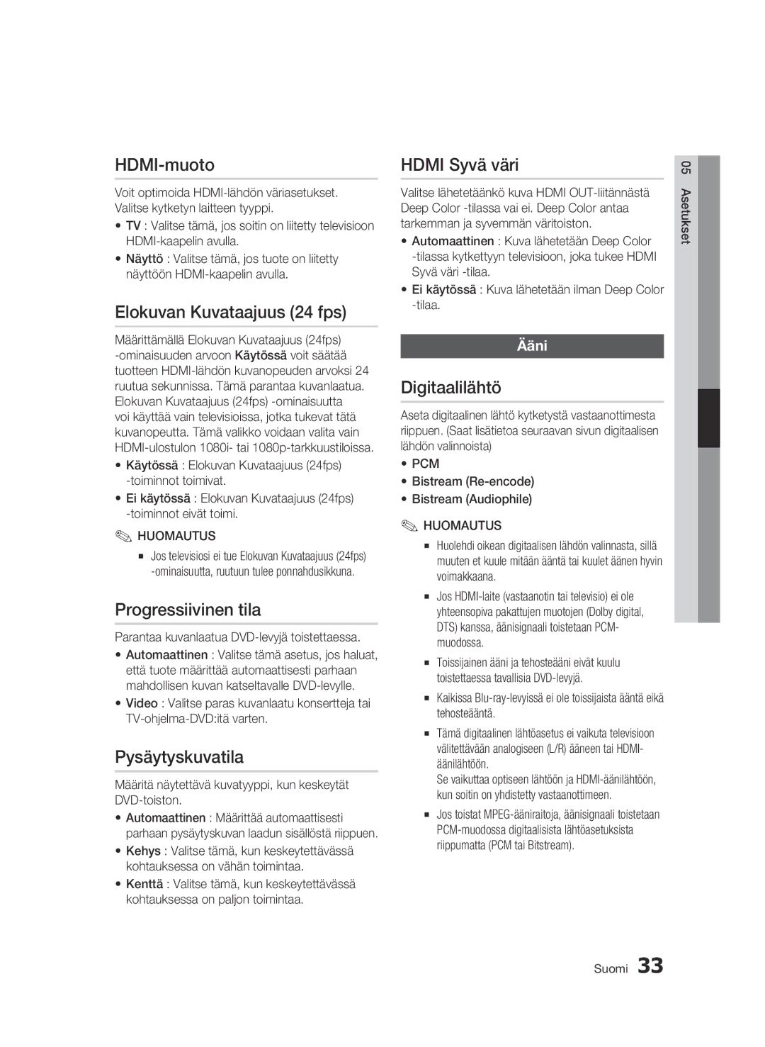 Samsung BD-C6600/XEE manual HDMI-muoto, Elokuvan Kuvataajuus 24 fps, Progressiivinen tila, Pysäytyskuvatila, Hdmi Syvä väri 