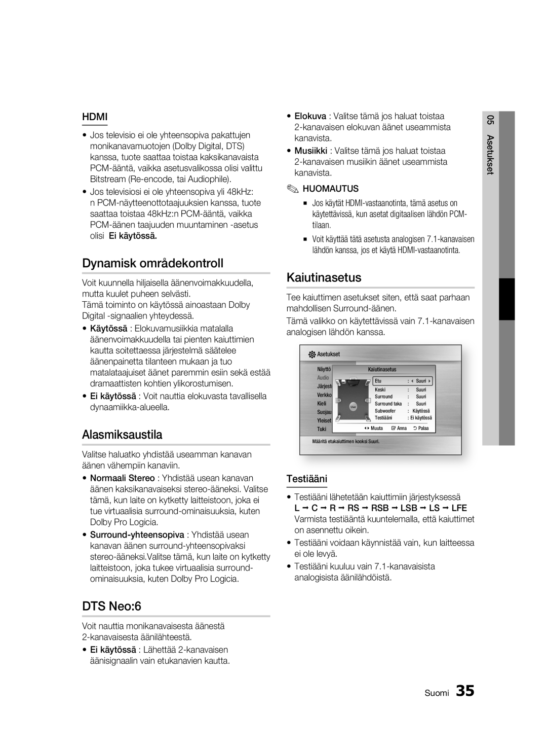 Samsung BD-C6600/XEE manual Dynamisk områdekontroll, Alasmiksaustila, DTS Neo6, Kaiutinasetus, Testiääni 