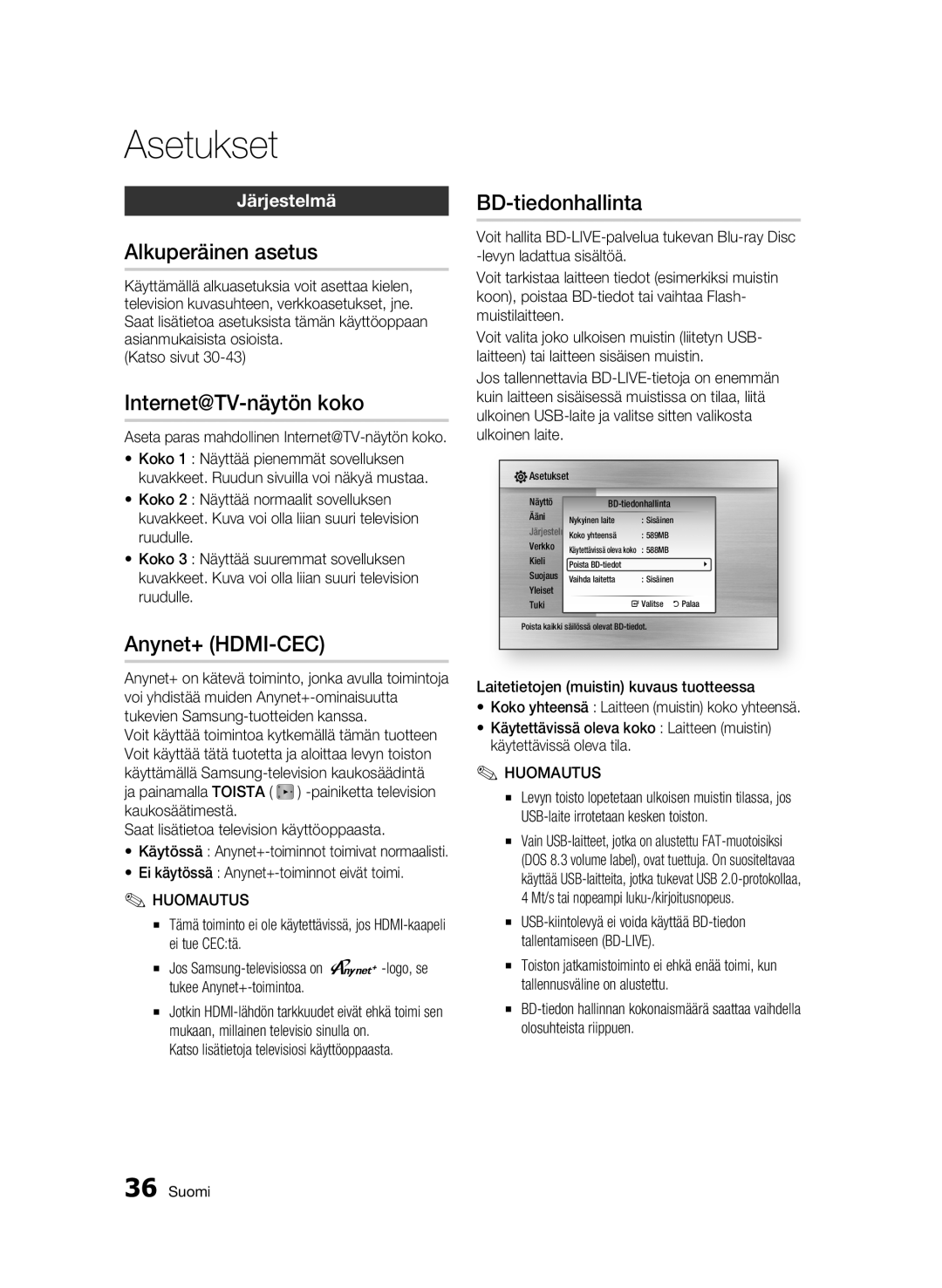 Samsung BD-C6600/XEE manual Alkuperäinen asetus, Internet@TV-näytön koko, Anynet+ HDMI-CEC, BD-tiedonhallinta, Järjestelmä 