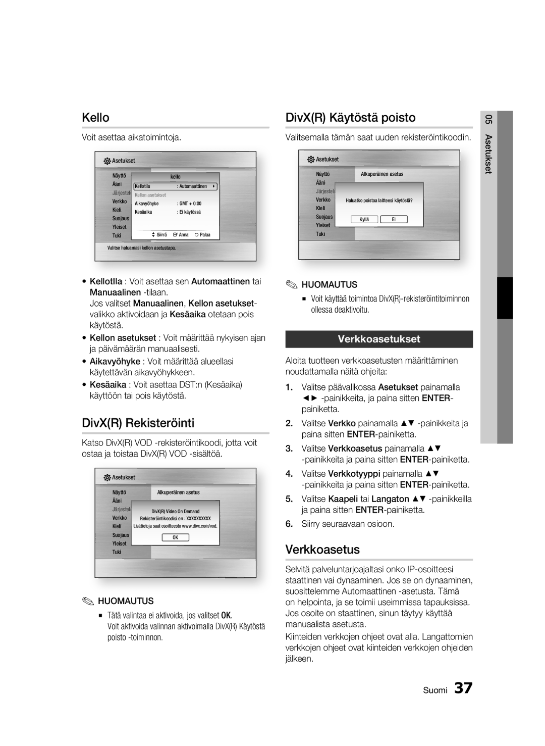 Samsung BD-C6600/XEE manual Kello, DivXR Rekisteröinti, DivXR Käytöstä poisto, Verkkoasetus, Verkkoasetukset 