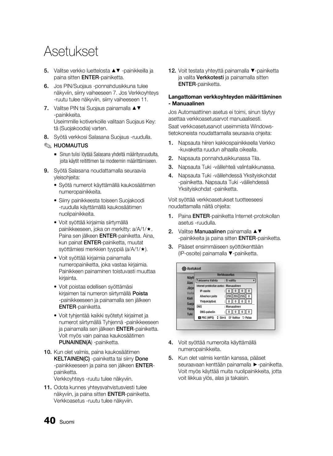 Samsung BD-C6600/XEE manual Langattoman verkkoyhteyden määrittäminen Manuaalinen 