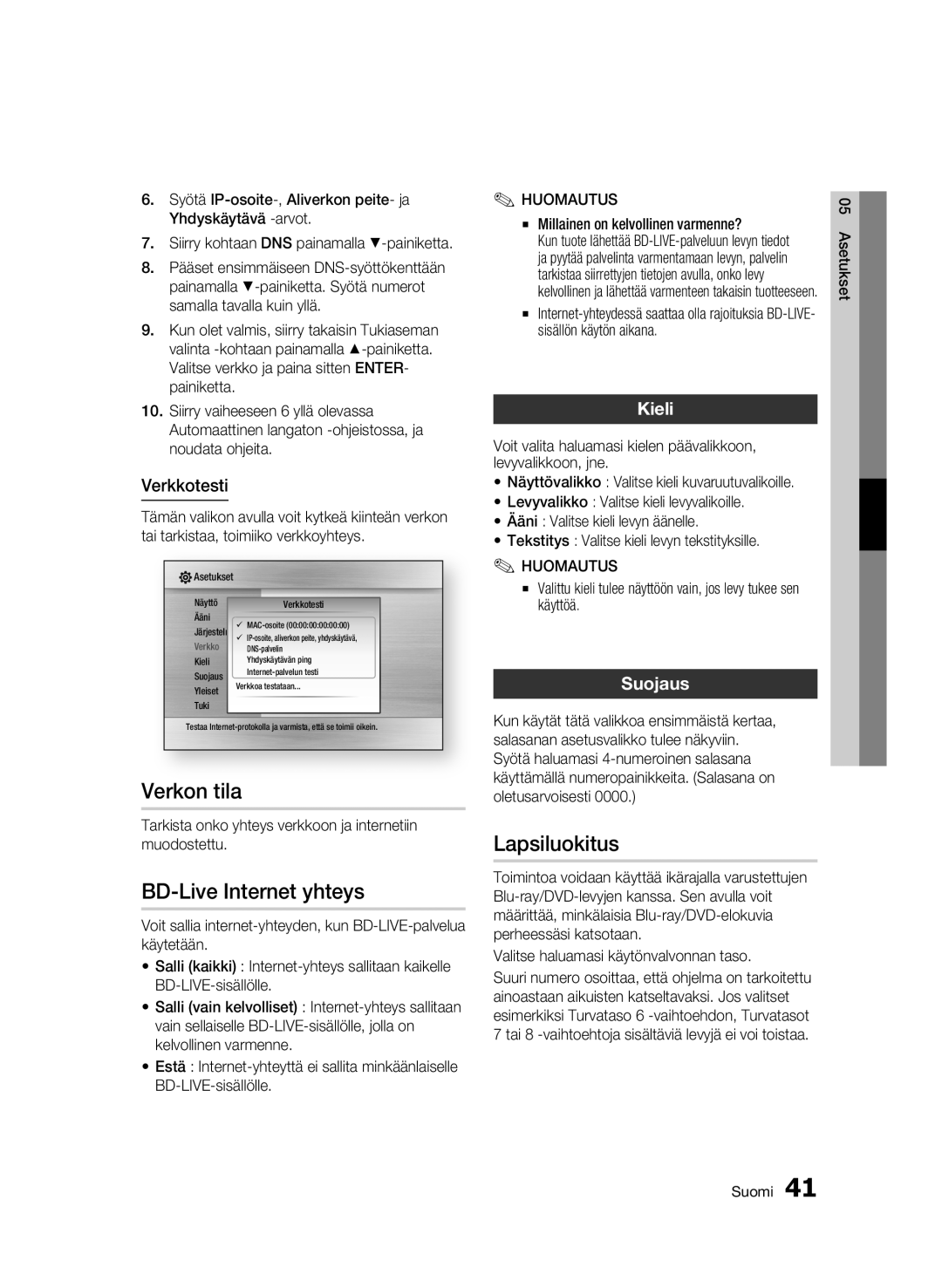 Samsung BD-C6600/XEE manual Verkon tila, BD-Live Internet yhteys, Lapsiluokitus, Kieli, Suojaus 