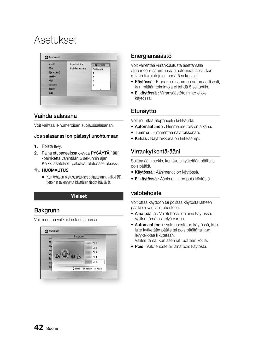 Samsung BD-C6600/XEE manual Vaihda salasana, Bakgrunn, Energiansäästö, Etunäyttö, Virrankytkentä-ääni, Valotehoste 