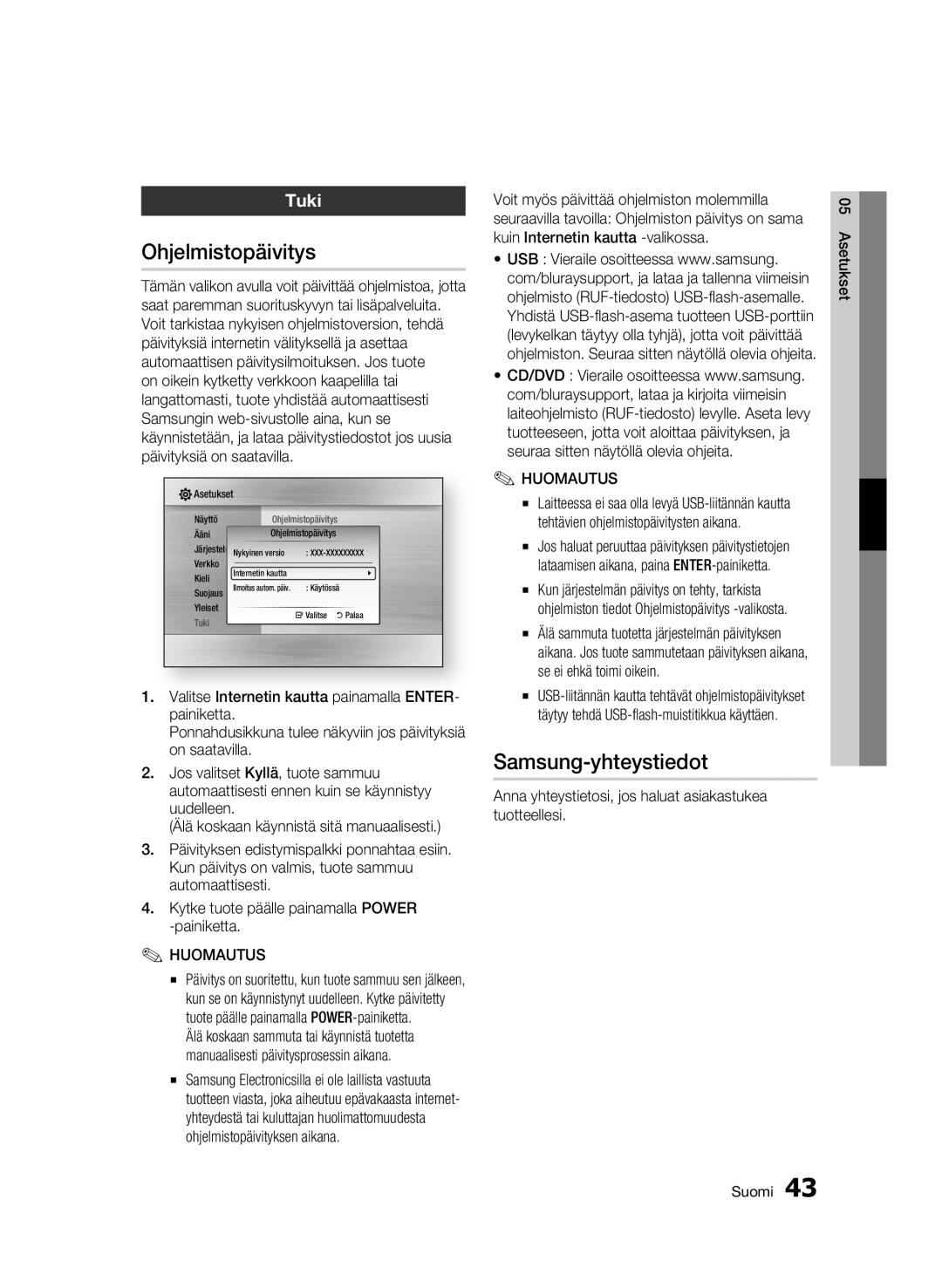 Samsung BD-C6600/XEE manual Ohjelmistopäivitys, Samsung-yhteystiedot, Tuki 