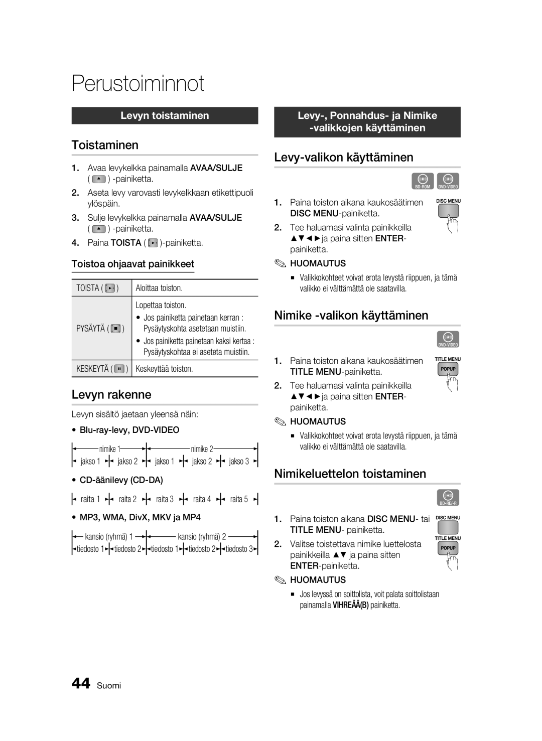 Samsung BD-C6600/XEE manual Perustoiminnot 