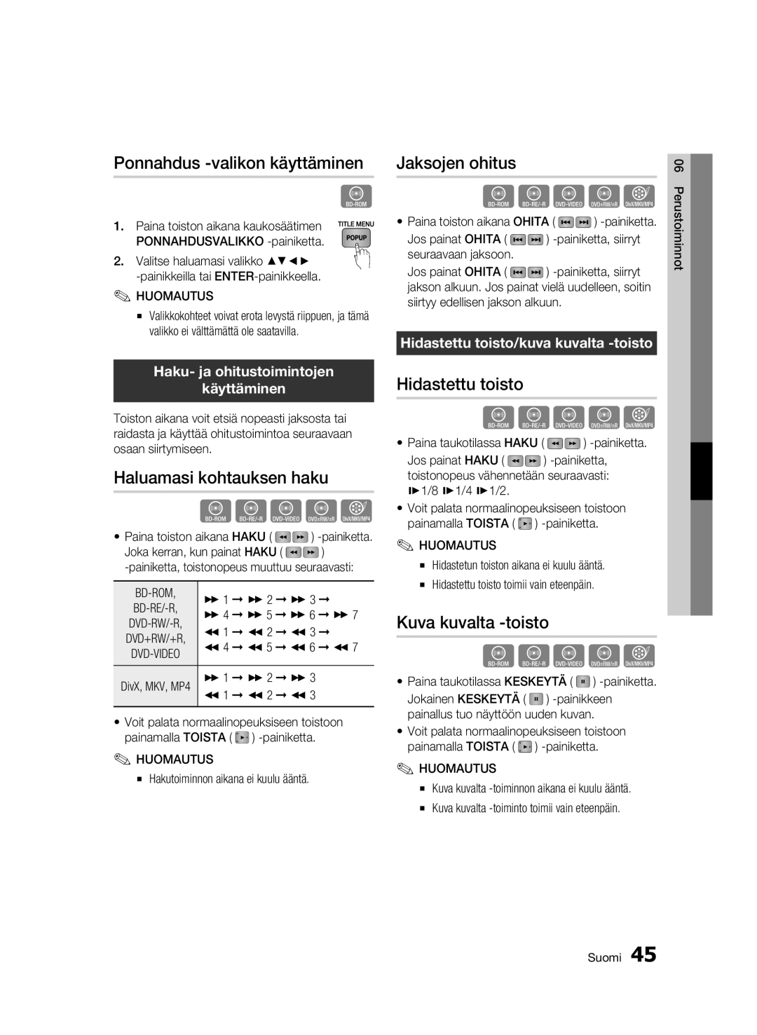 Samsung BD-C6600/XEE manual Ponnahdus -valikon käyttäminen, Haluamasi kohtauksen haku, Jaksojen ohitus, Hidastettu toisto 