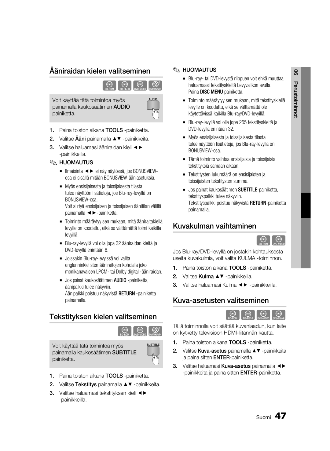 Samsung BD-C6600/XEE manual Ääniraidan kielen valitseminen, Tekstityksen kielen valitseminen, Kuvakulman vaihtaminen 