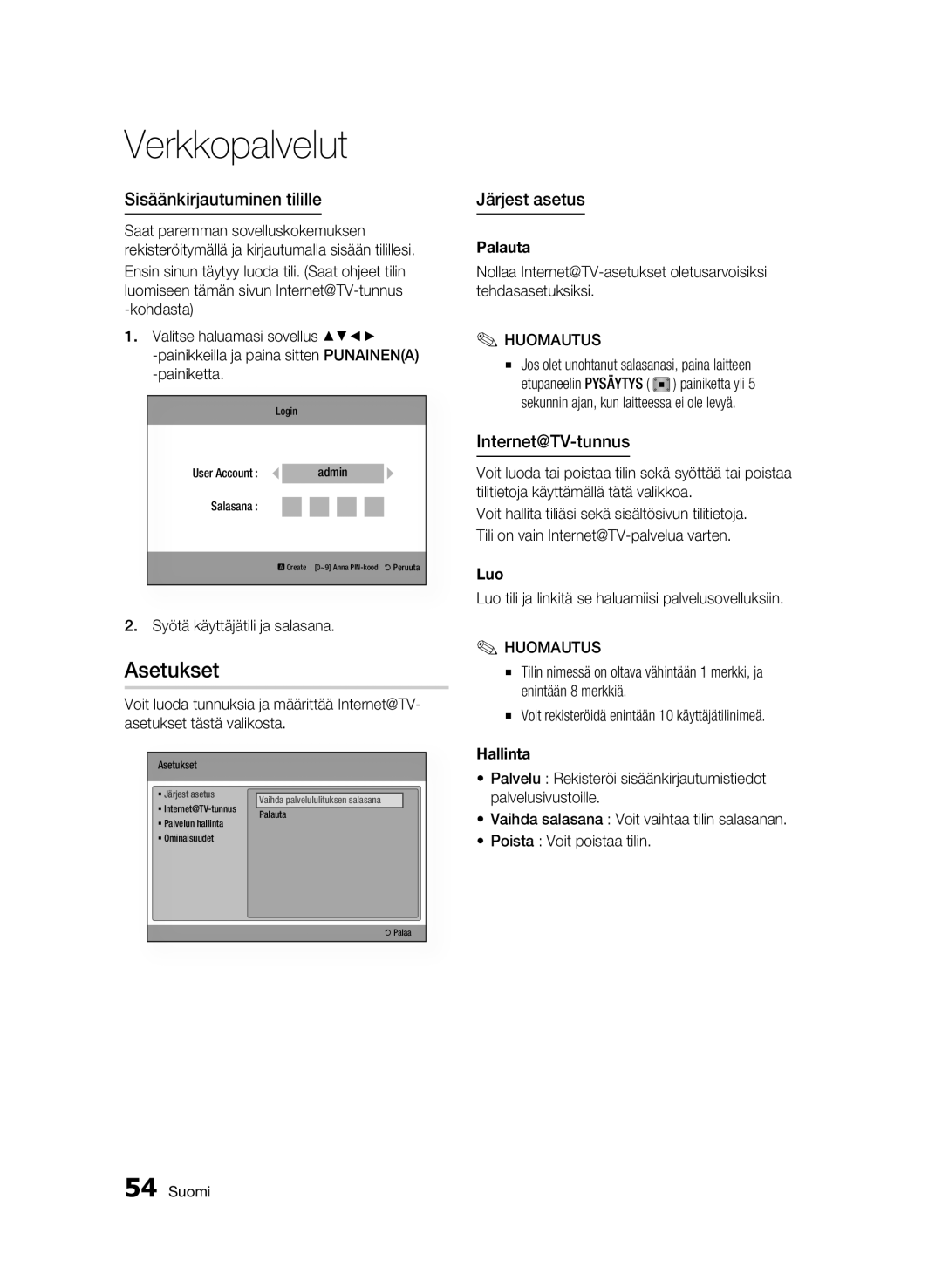 Samsung BD-C6600/XEE manual Asetukset, Sisäänkirjautuminen tilille, Järjest asetus, Internet@TV-tunnus 