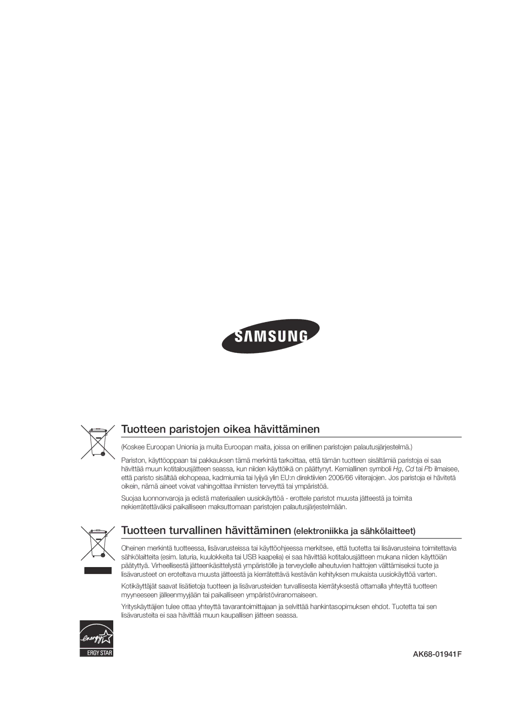 Samsung BD-C6600/XEE manual Tuotteen paristojen oikea hävittäminen 