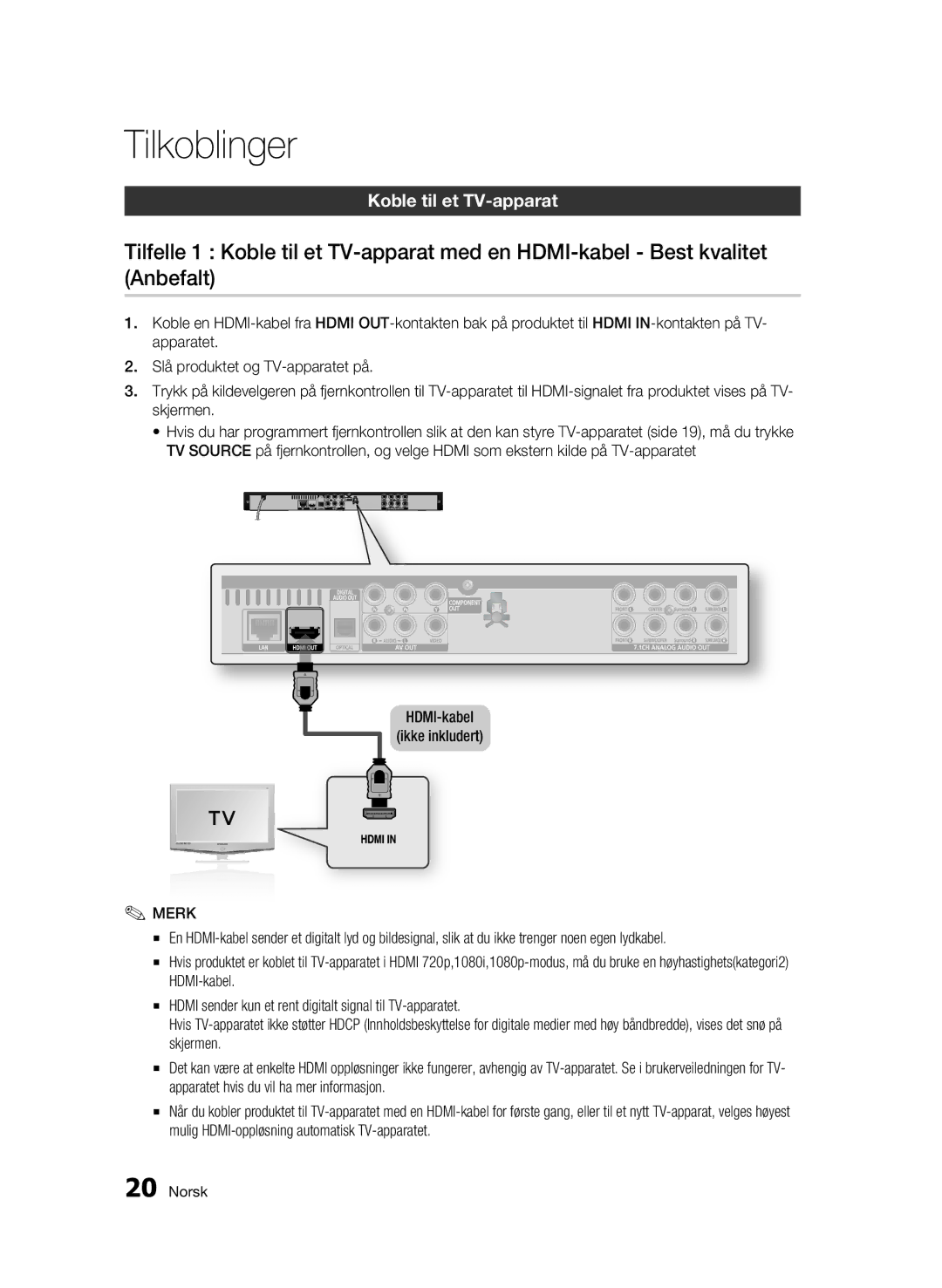 Samsung BD-C6600/XEE manual Tilkoblinger, Koble til et TV-apparat, HDMI-kabel Ikke inkludert 