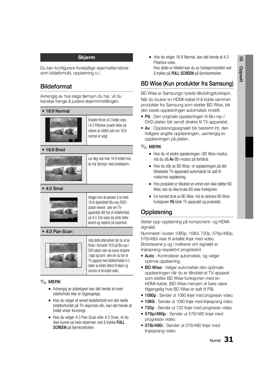 Samsung BD-C6600/XEE manual Bildeformat, Oppløsning, Skjerm 