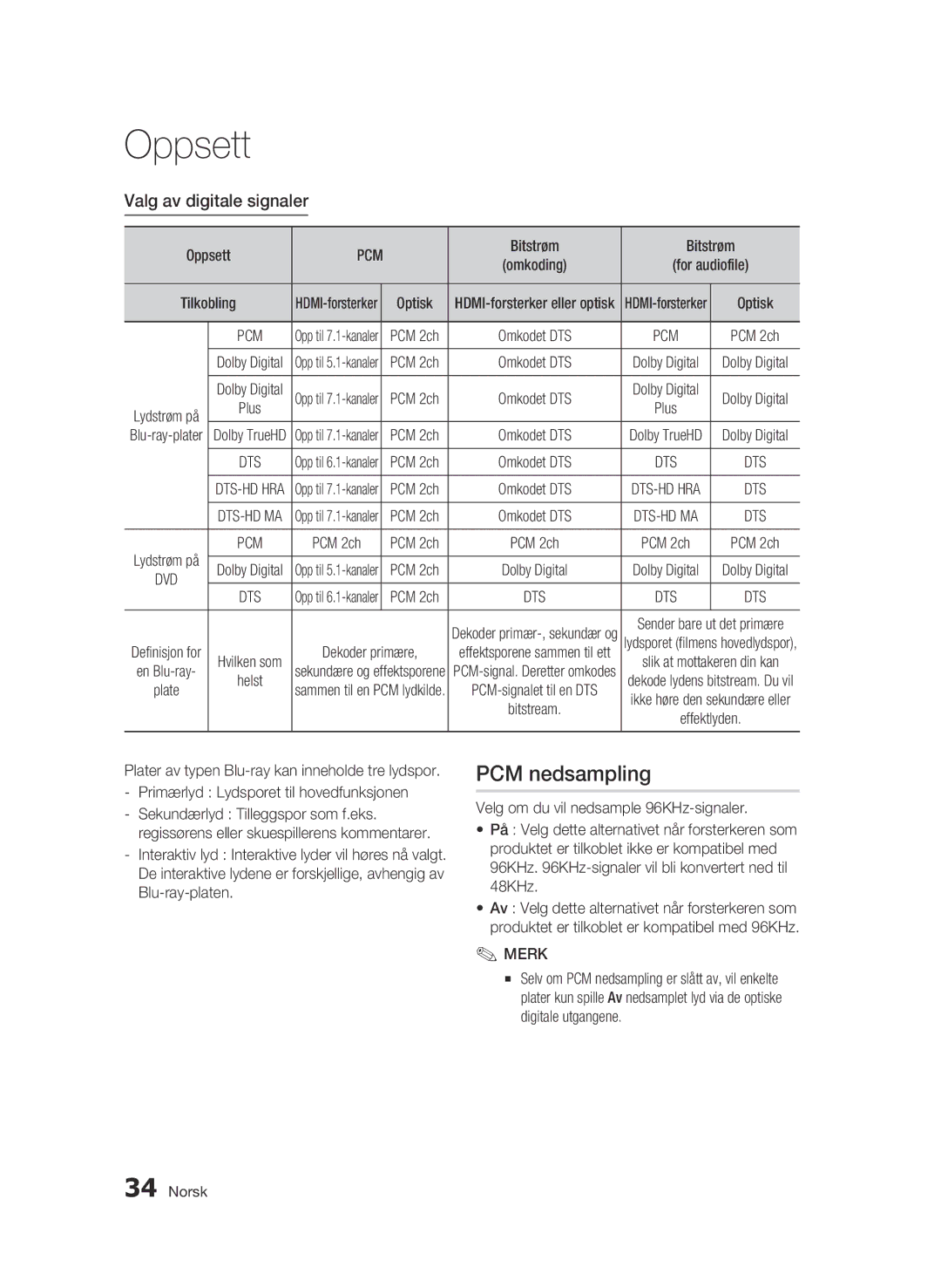 Samsung BD-C6600/XEE manual PCM nedsampling, Valg av digitale signaler, Bitstrøm, PCM 2ch, Dekoder primære 