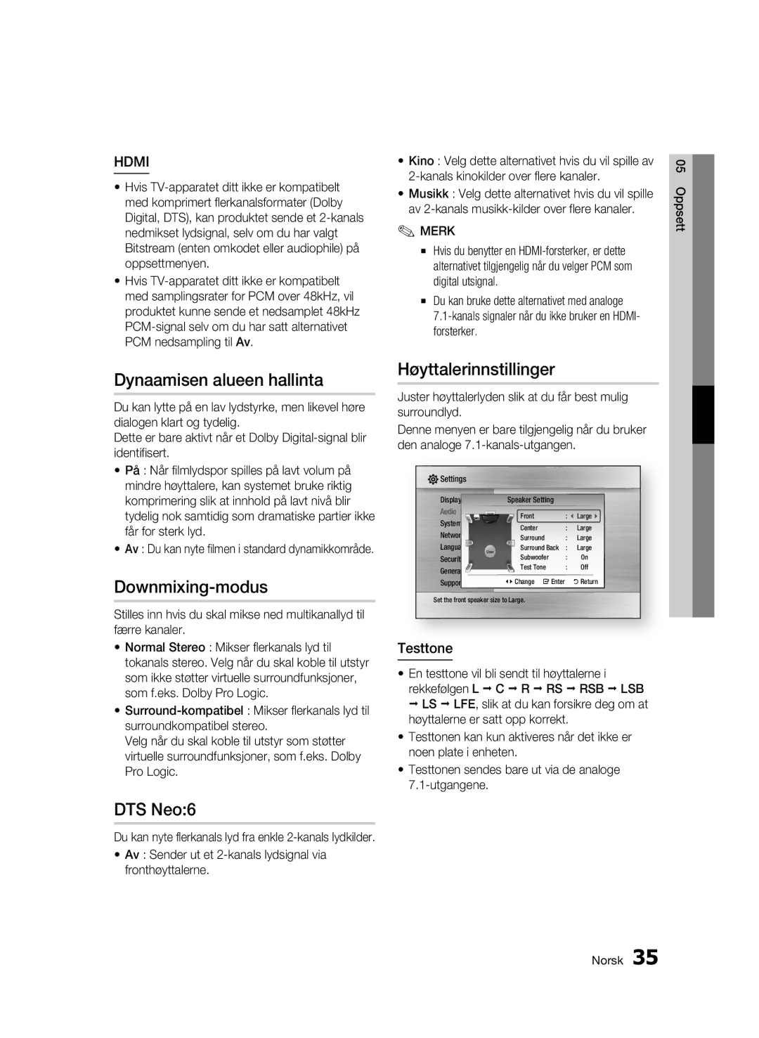 Samsung BD-C6600/XEE manual Dynaamisen alueen hallinta, Downmixing-modus, DTS Neo6, Høyttalerinnstillinger, Testtone 