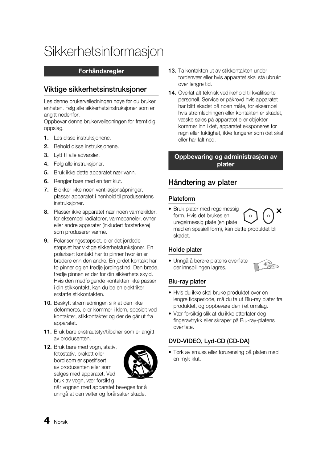 Samsung BD-C6600/XEE manual Viktige sikkerhetsinstruksjoner, Håndtering av plater, Forhåndsregler 