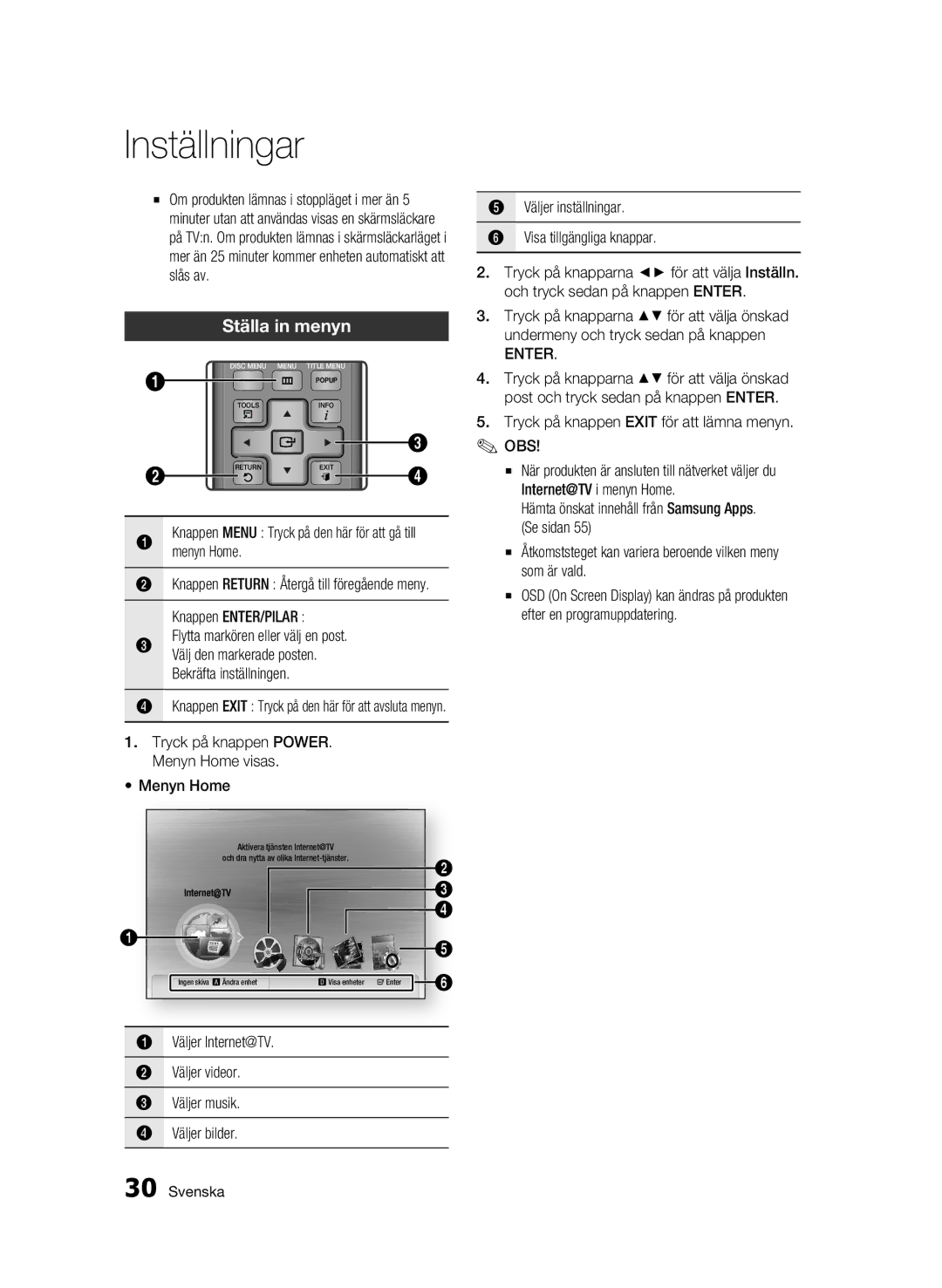 Samsung BD-C6600/XEE manual Ställa in menyn, Enter 