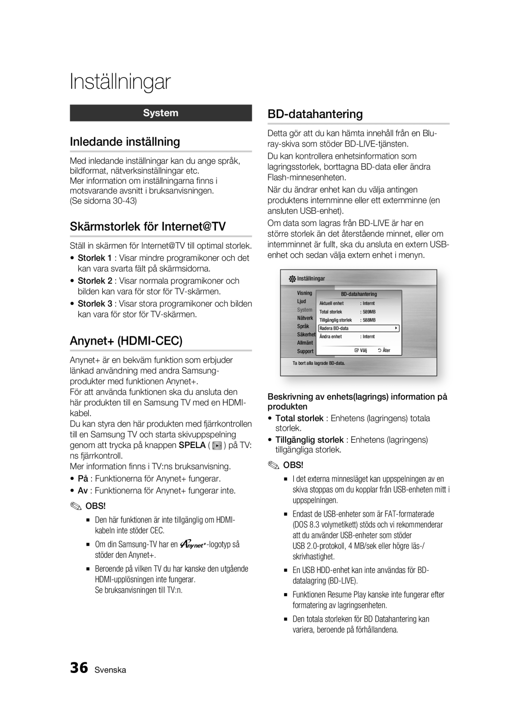 Samsung BD-C6600/XEE manual Inledande inställning, Skärmstorlek för Internet@TV, Anynet+ HDMI-CEC, BD-datahantering, System 