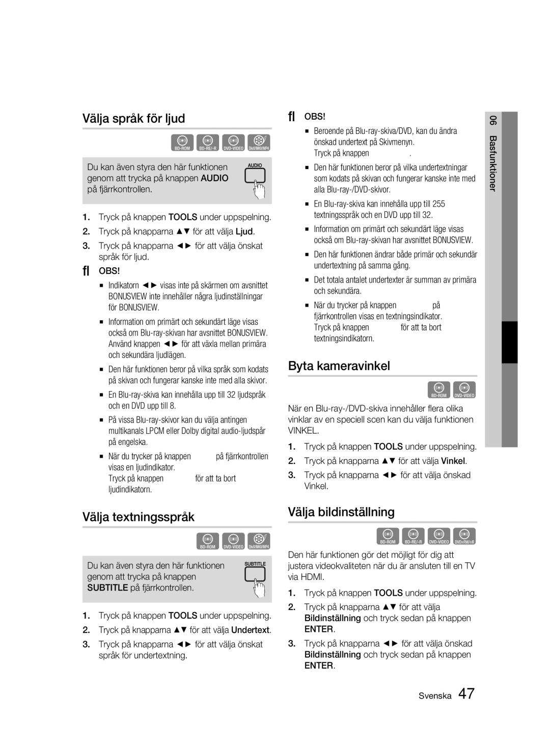 Samsung BD-C6600/XEE manual Välja språk för ljud, Välja textningsspråk, Byta kameravinkel, Välja bildinställning, Vinkel 