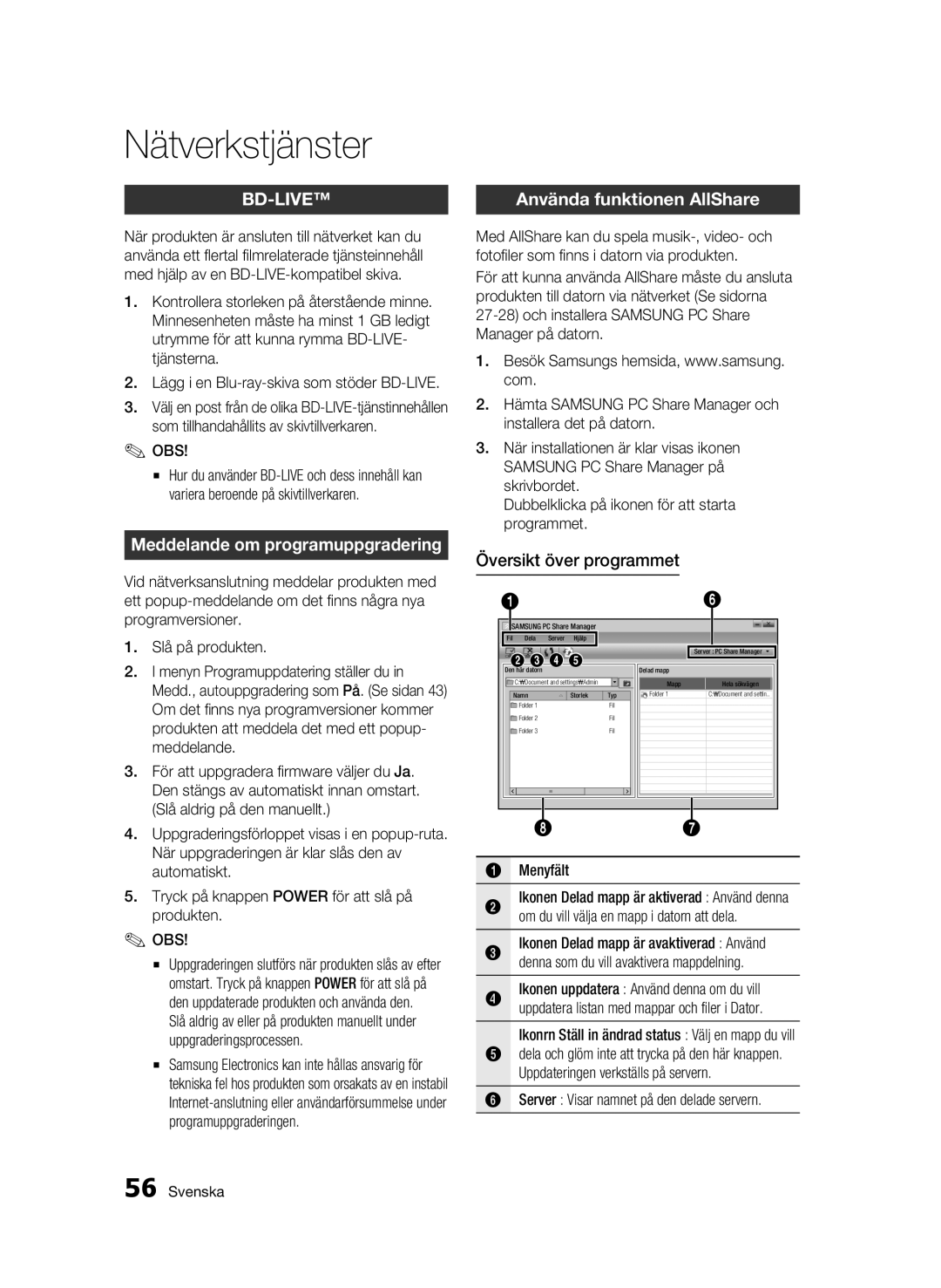 Samsung BD-C6600/XEE manual Meddelande om programuppgradering, Använda funktionen AllShare, Översikt över programmet 