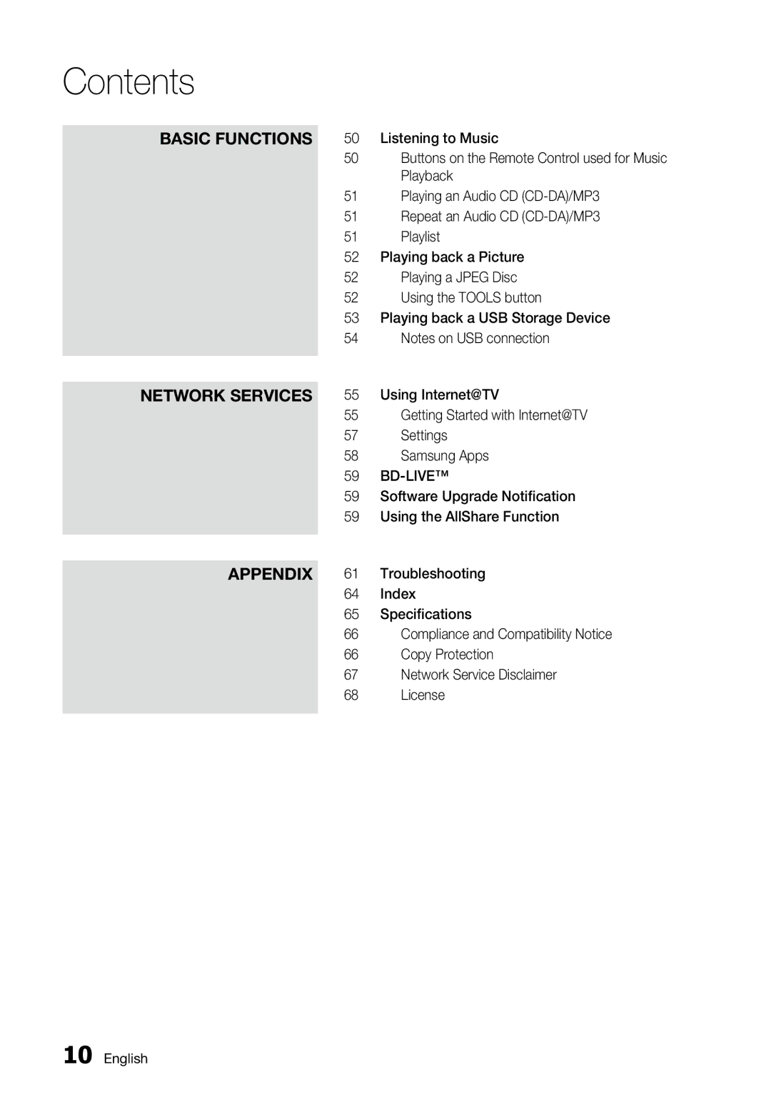 Samsung BD-C6800 Settings, Samsung Apps, Software Upgrade Notification, Using the AllShare Function, Troubleshooting 