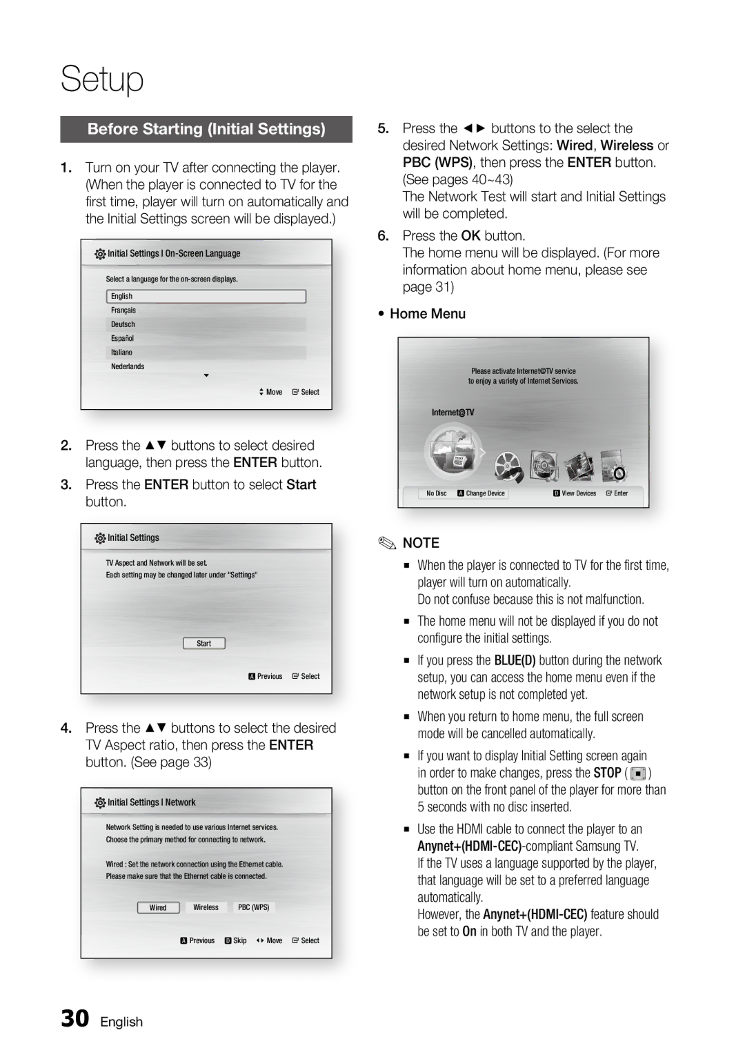 Samsung BD-C6800 user manual Setup, Before Starting Initial Settings, Press the Enter button to select Start button 