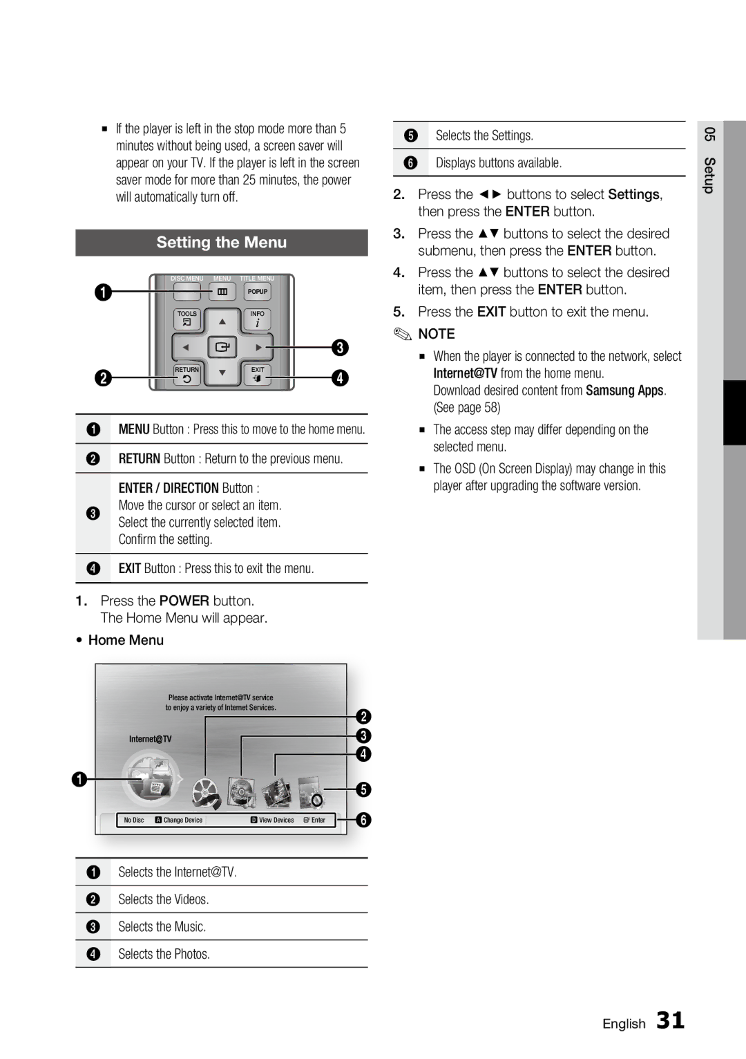 Samsung BD-C6800 user manual Setting the Menu, Move the cursor or select an item, Exit Button Press this to exit the menu 