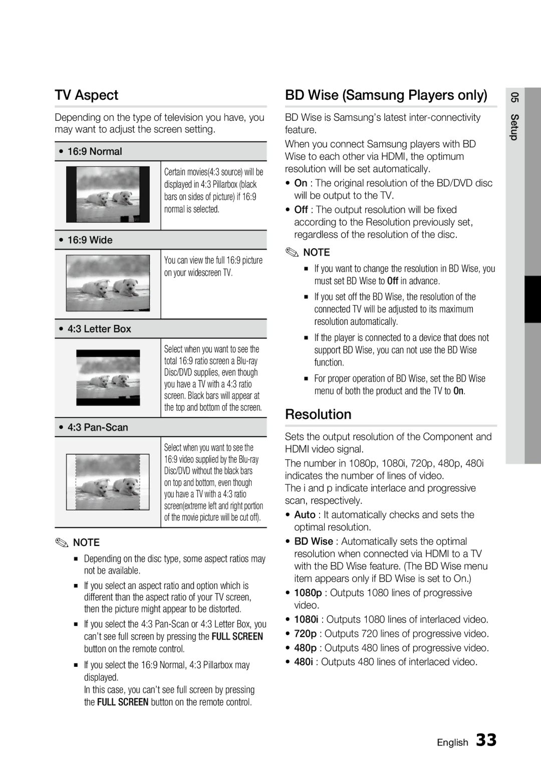 Samsung BD-C6800 user manual TV Aspect, BD Wise Samsung Players only, Resolution 