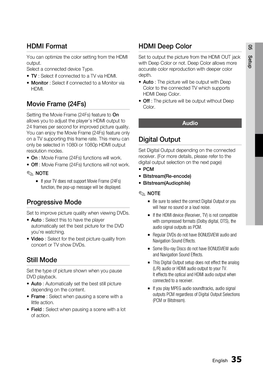 Samsung BD-C6800 user manual Hdmi Format, Movie Frame 24Fs, Progressive Mode, Still Mode, Hdmi Deep Color, Digital Output 