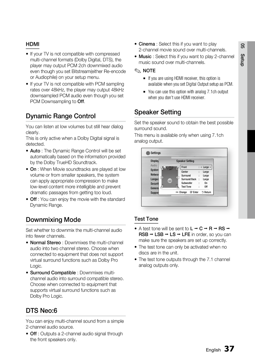 Samsung BD-C6800 user manual Dynamic Range Control, Speaker Setting, Downmixing Mode, DTS Neo6, Test Tone 