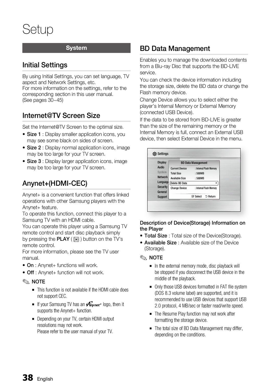 Samsung BD-C6800 user manual Initial Settings, Internet@TV Screen Size, Anynet+HDMI-CEC, BD Data Management, System 